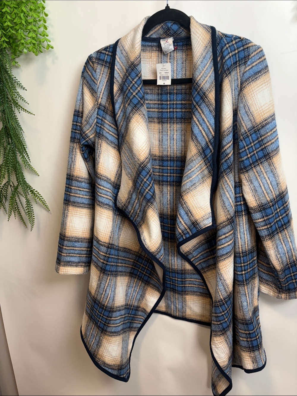 Blue & Cream Plaid Open-Front Draped Cape Jacket